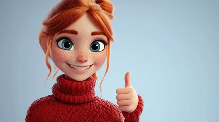 3D Cartoon of a cheerful young redhead girl in a red sweater giving a thumbs up smiling with happiness for her success looking straight at the viewer