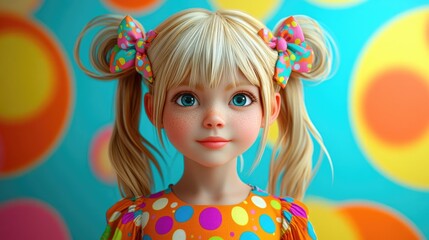 Fototapeta premium Adorable blonde girl with long pigtails adorned with colorful bows wearing a playful summer dress with vibrant circle patterns perfect for children s fashion photography