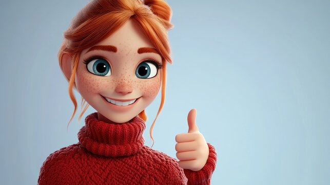 3D Cartoon of a cheerful young redhead girl in a red sweater giving a thumbs up smiling with happiness for her success looking straight at the viewer