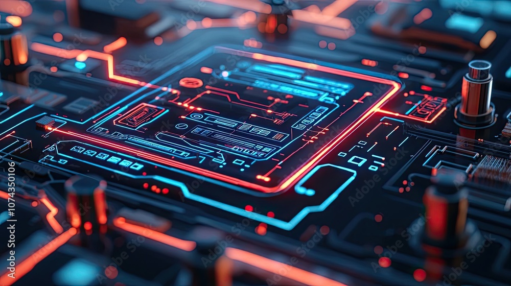 Poster Close-up view of a circuit board with glowing blue and red elements, high-tech design.