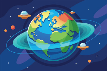This artwork depicts a vibrant Earth clone orbiting in space alongside various planets and stars, Flat illustration of Earth clone.