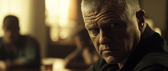 A tense moment featuring a man with a serious expression in a dimly lit room.