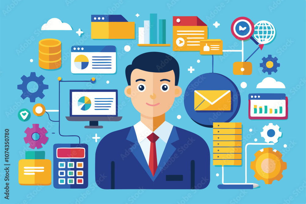 Poster a businessman interacts with various data tools and visualizations in a modern workspace, flat illus