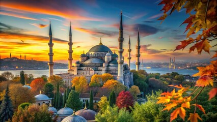 Obraz premium Long Exposure of Istanbul Skyline Featuring Blue Mosque Amidst Vibrant Autumn Foliage
