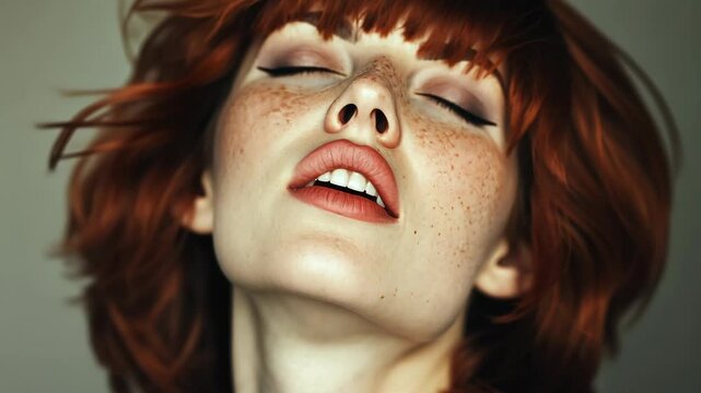 A woman with red hair and freckles has her eyes closed and mouth open