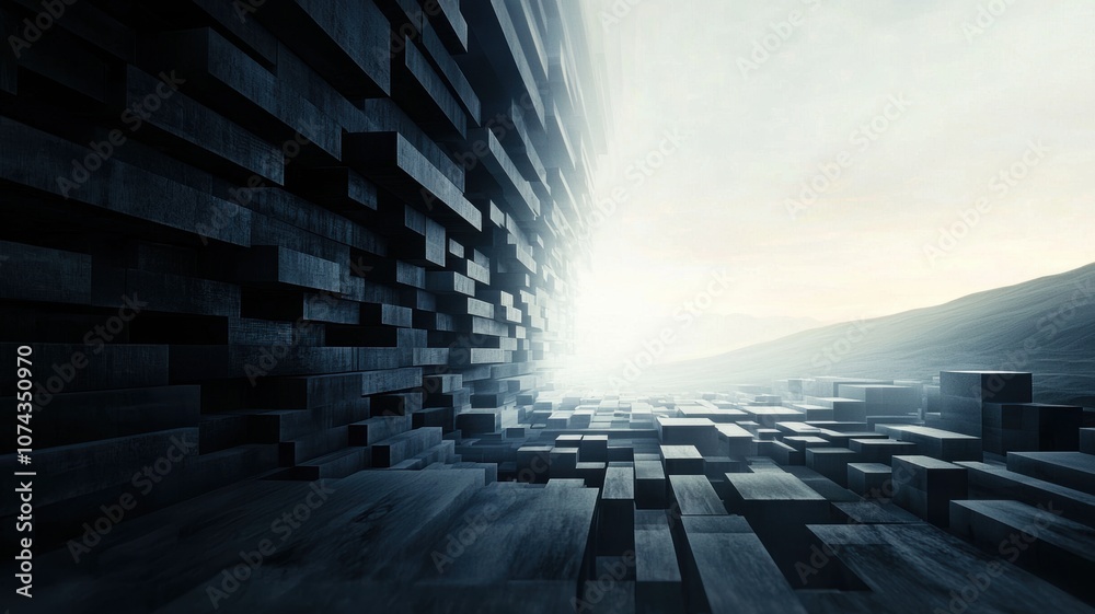 Poster abstract digital waves transforming into data cubes in a futuristic landscape with dynamic light and