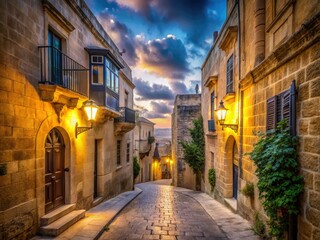 Fototapeta premium Long Exposure of Narrow Street in Ancient Rabat, Malta with Traditional Limestone Houses