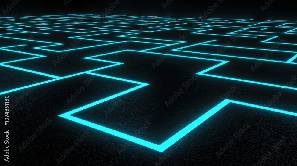 Poster futuristic complex grid of interconnected circuits with neon blue lines creating a modern architectu