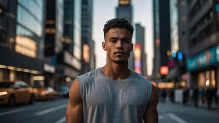Fototapeta premium Confident Latin Man in Gray T-Shirt Smiling on a street with a shirt mockup