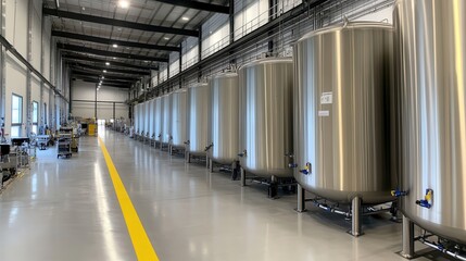 Industrial facility showcases multiple stainless steel tanks for efficient production processes