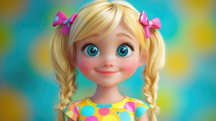 Fototapeta premium Adorable blonde girl with long pigtails adorned with colorful bows wearing a playful summer dress with vibrant circle patterns perfect for children s fashion photography