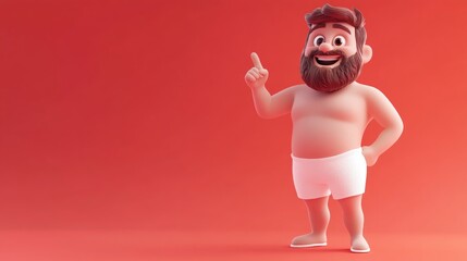 3D cartoon of a cheerful bearded man in trendy hair wearing white underwear playfully pointing on a vibrant red background showcasing morning fashion and product display
