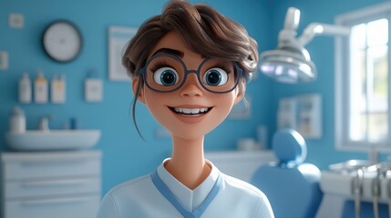 Fototapeta premium 3D Cartoon Portrait of a Female Dentist in the Bright Clinic