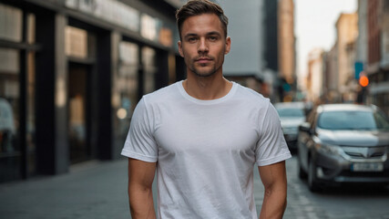 Fototapeta premium Confident Latin Guy in Casual White Shirt Smiling Outdoors on City Street
