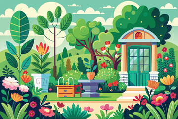 A colorful garden filled with flowers, plants, and a quaint shed surrounded by greenery and sunshine, Garden study illustration is popular.