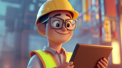 Asian engineer in safety helmet and reflective vest confidently holding a digital tablet showcasing readiness for technical tasks