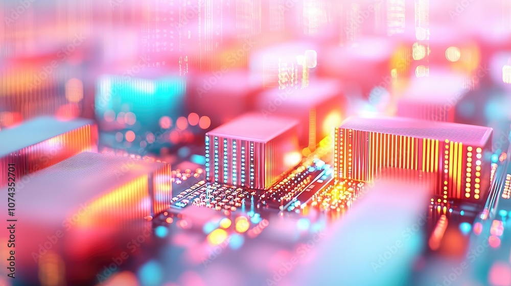 Poster abstract close-up of colorful digital circuit board with glowing lights.