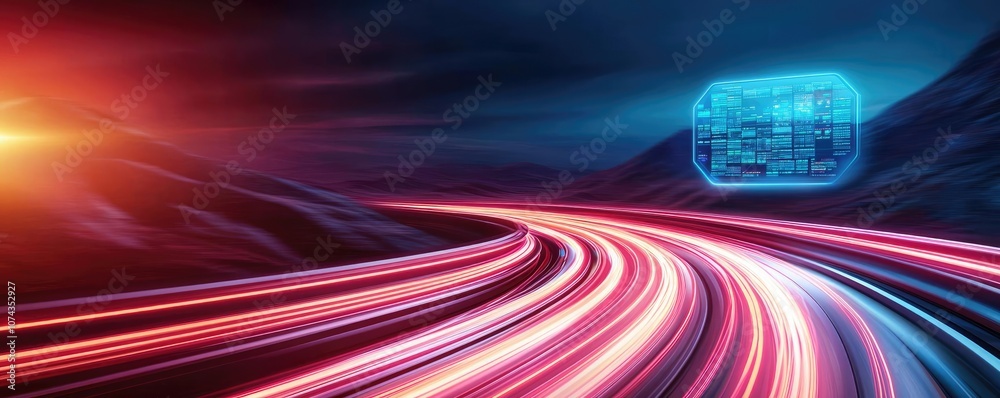 Poster Dynamic road scene with glowing light trails and futuristic digital interface.