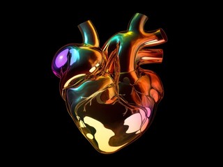 A vibrant, stylized 3D rendering of a human heart showcasing its anatomical structure.