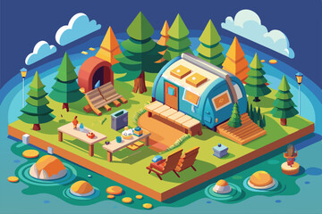 Experience the tranquil glamping retreat featuring tents, seating, and beautiful nature near a peaceful lake, Glamping Isometric Illustration