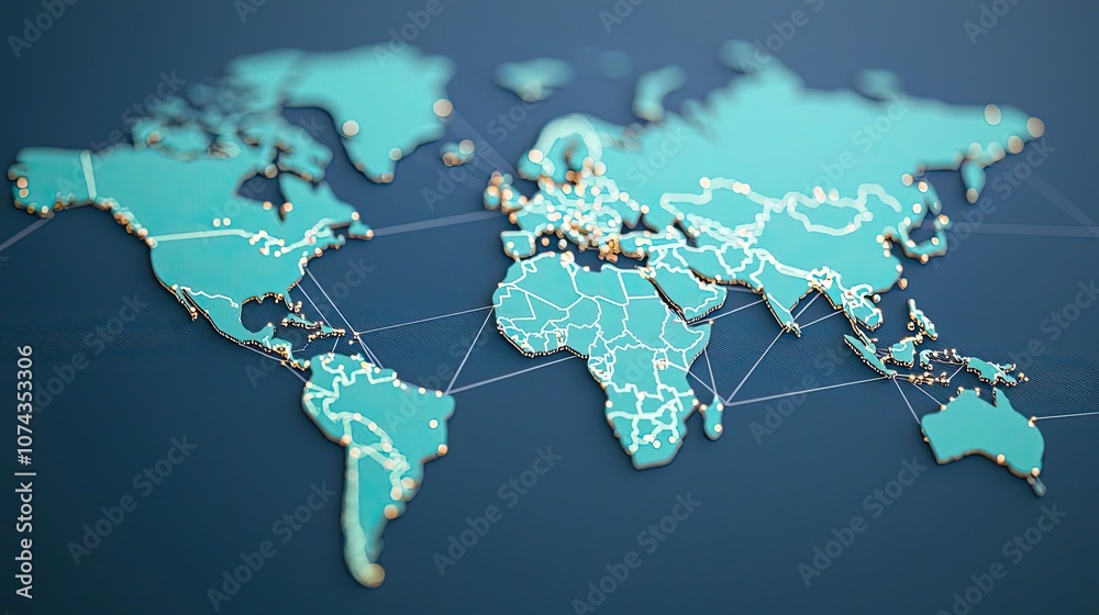 Poster Abstract world map illustration with connected nodes and lines on dark background.