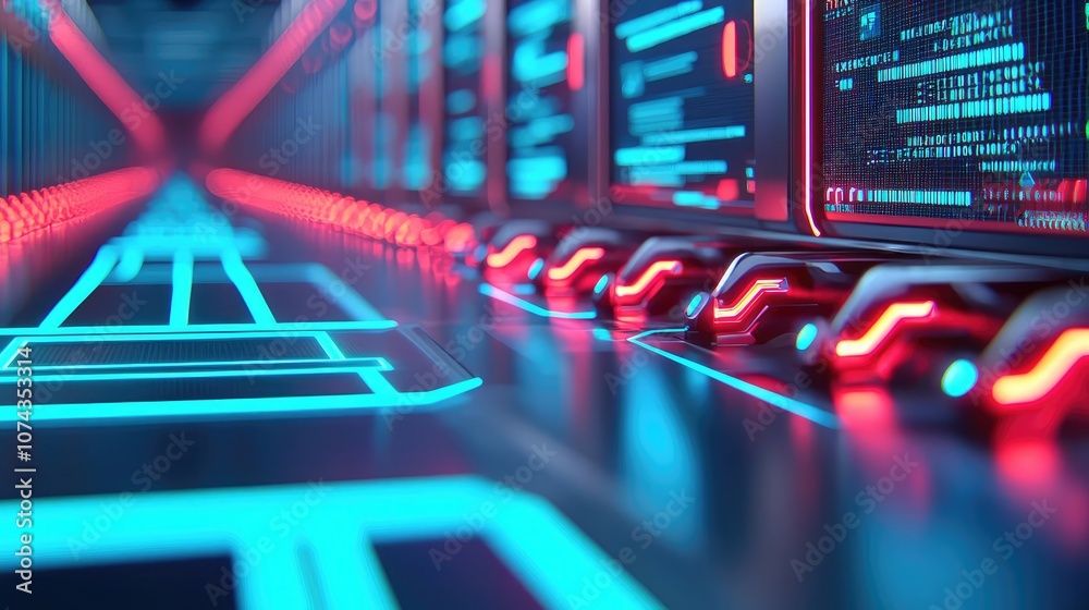 Poster futuristic computer server room with glowing blue and red lights.
