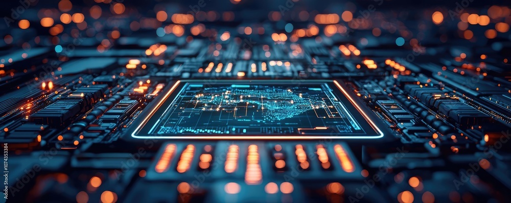Poster futuristic circuit board with glowing elements, dark background, close-up view.
