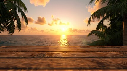 A peaceful sunset view over the ocean, framed by palm trees and a wooden deck, creating a serene tropical atmosphere.