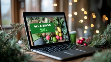 Laptop displaying a vibrant Green Monday sale on sustainable products surrounded by festive decorations and greenery, perfect for eco-conscious shoppers