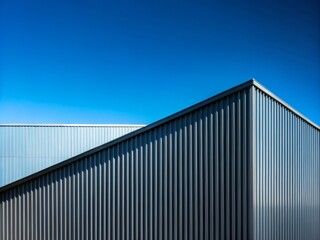 Fototapeta premium Minimalist Architectural Photography of an Industrial Warehouse with Geometric Aluminum Rooftop Against a Clear Blue Sky Showcasing Modern Design and Patterns in Perspective