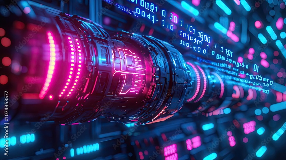 Poster Futuristic data tunnel with glowing lights and abstract digital patterns.