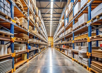 Fototapeta premium Minimalist Aisle in a Warehouse Hardware Store Featuring Building Materials and Tools, Showcasing Clean Lines and Organized Shelving for a Modern Industrial Look