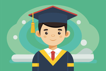 A cheerful graduation boy stands proudly in his cap and gown, ready to celebrate his academic success, Graduation boy illustration, customizable and flat.
