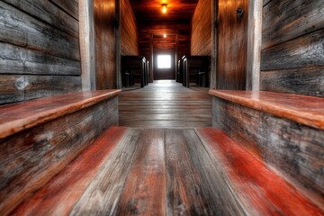 A long wooden hallway with a light at the end