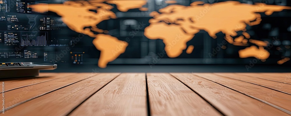 Poster wooden table with a world map in the background, ideal for global themes.