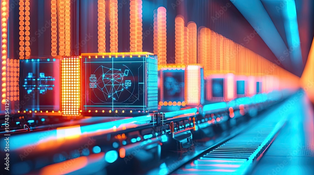 Aufkleber futuristic technology environment with glowing circuits and data displays.