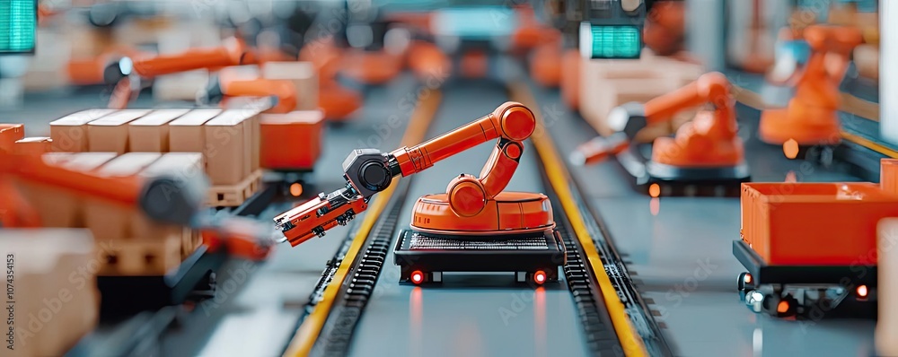 Poster robotic arms working in a modern automated warehouse environment.