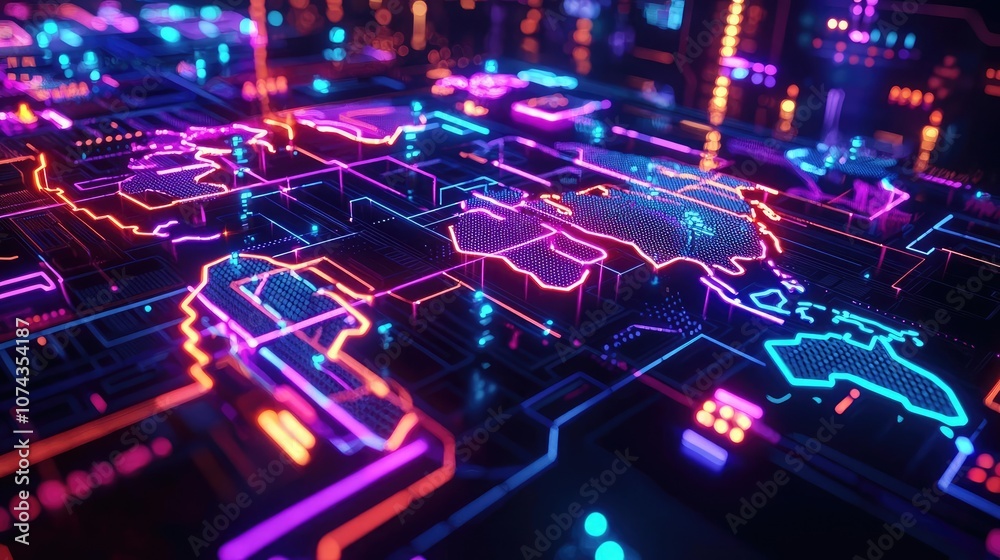 Aufkleber futuristic map with neon lights on digital circuit board background.