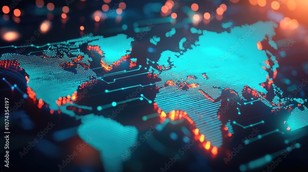 Poster Futuristic digital world map with glowing lines and circuits.