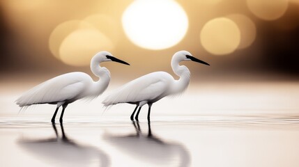 Naklejka premium A couple of white birds standing on top of a body of water