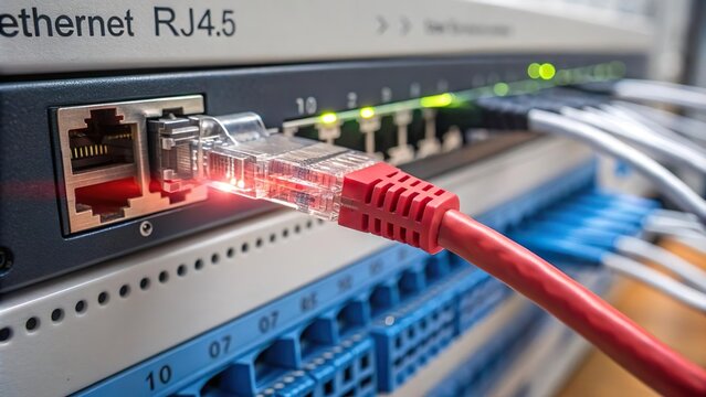 RJ45-Kabel in Netzwerk-Switch mit leuchtendem Signal, symbolisiert Datenverbindung
