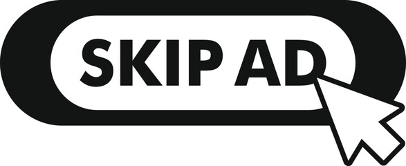 Black and white skip ad button being clicked by a mouse cursor, symbolizing the avoidance of online advertising