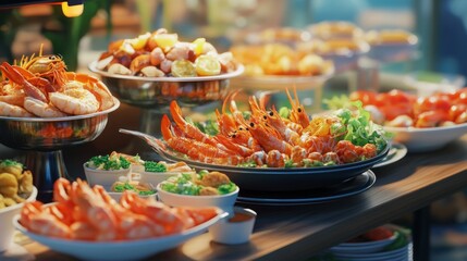 Seafood buffet setup with various dishes and salads