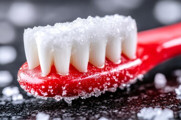 A red toothbrush with white bristles covered in sugar