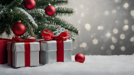 Festive Christmas Gifts Under Snowy Tree with Red Baubles - Holiday Background