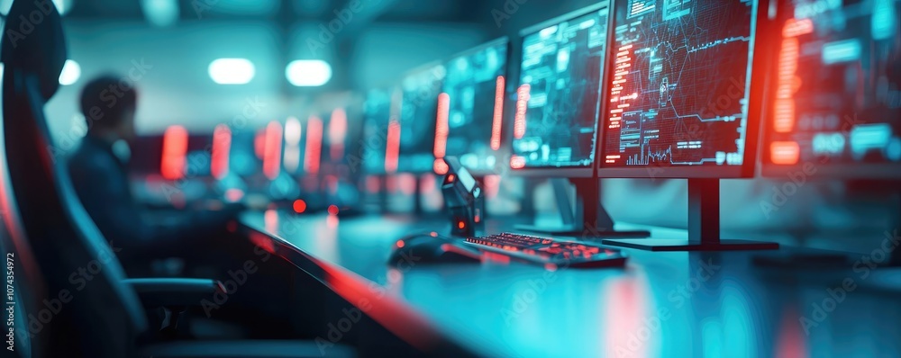 Poster Modern tech workspace with multiple monitors and vibrant lighting