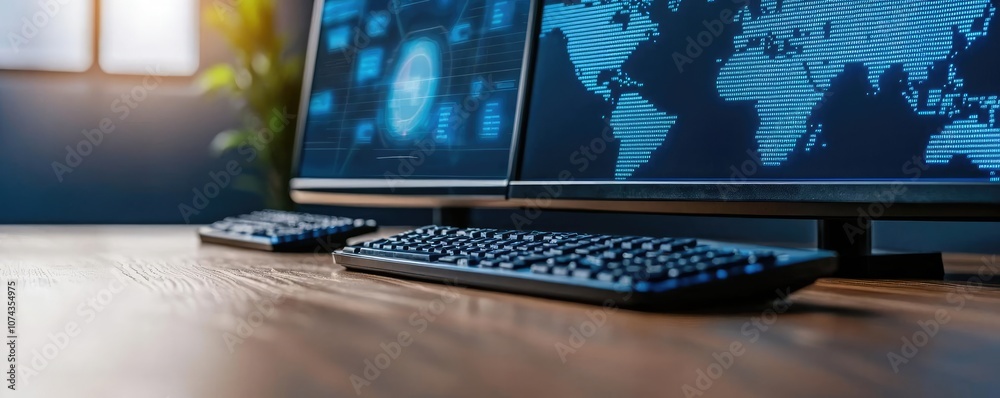 Poster Computer setup with dual monitors and keyboard, modern workspace, detailed view.