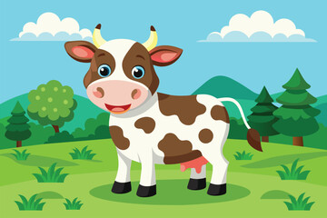 A cheerful cow grazes in a vibrant green field, enjoying a sunny day surrounded by nature, Happy cow in green field.