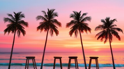 A serene sunset beach scene with palm trees and chairs overlooking a calm sea, creating a tranquil and picturesque atmosphere.