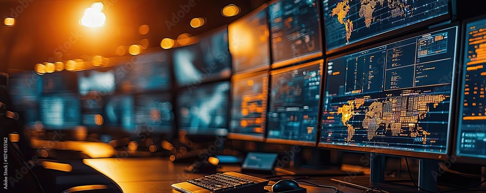 Poster High-tech control room with multiple monitors displaying data and analytics.